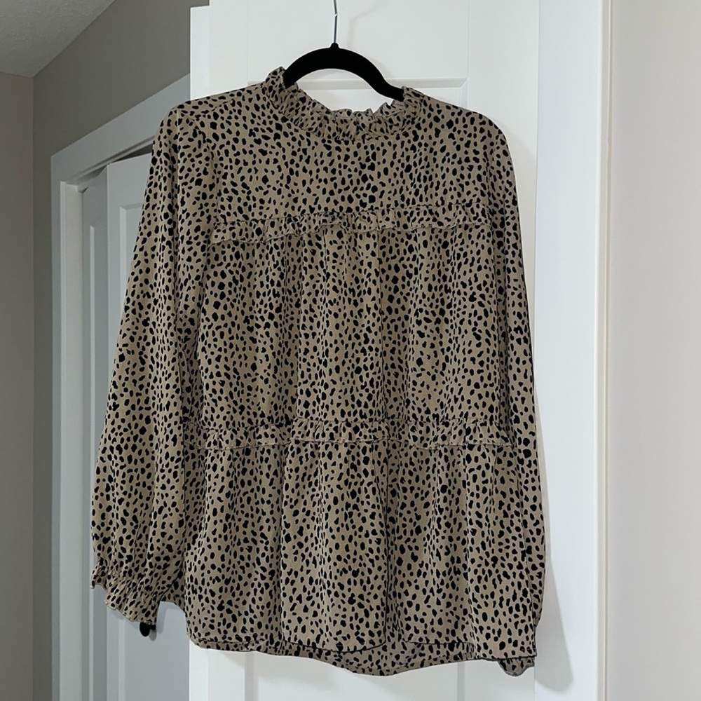 TEMOFON Womens Leopard Print Blouse Long Sleeve Ruffle Top Shirt Tunic Khaki